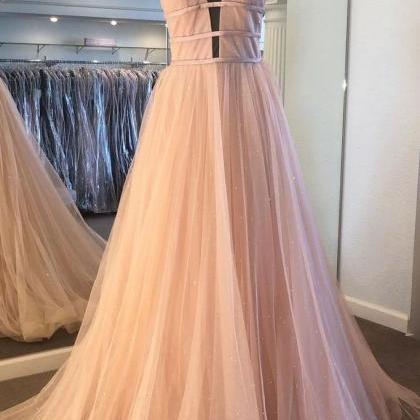 Simple Pink Tulle Deep V Neck Long Prom Dress,..