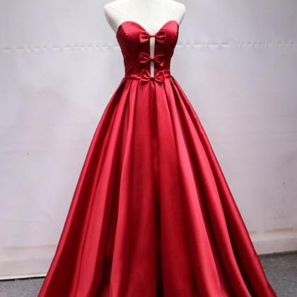 Sweetheart Neck Red Satin Lace Up Long Prom Dress..