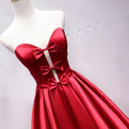 A Line Crew Red Satin Open Back Prom Dress with Bowknot Pockets LBQ0394 main image 1