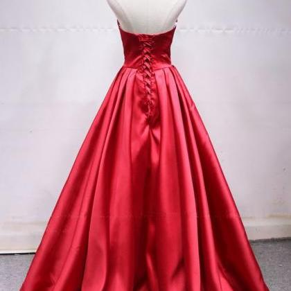 Sweetheart Neck Red Satin Lace Up Long Prom Dress..