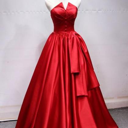Red Satin Strapless V Neck A Line Long Pageant..