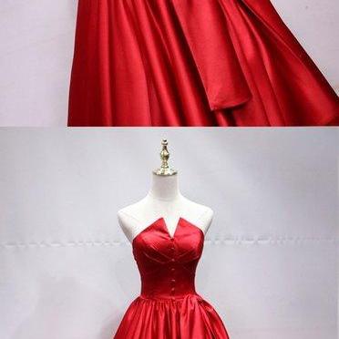 Red Satin Strapless V Neck A Line Long Pageant..