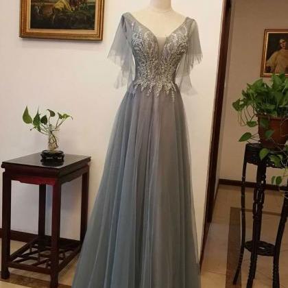 Gray Tulle Lace Cap Sleeve Long Women Prom Dress,..