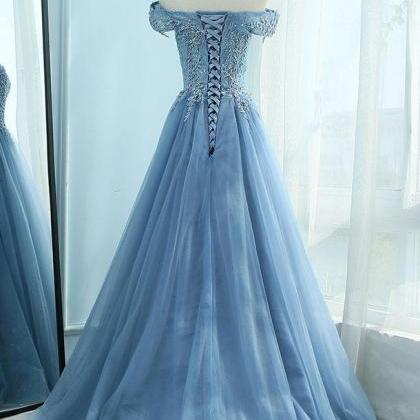 Blue Tulle Off Shoulder Long Senior Prom Dress,..