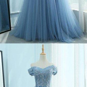 Blue Tulle Off Shoulder Long Senior Prom Dress,..