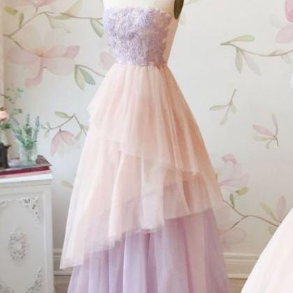 Elegant Lilac Lace Strapless Long Tulle Layered..