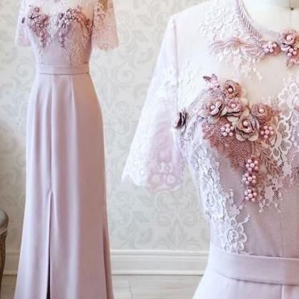 Pink Satin Lace Short Sleeve Long Women Prom Dress..