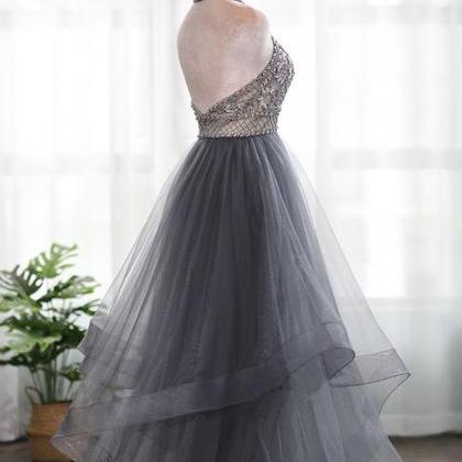 Grey Tulle 3d Flowers Backless Heavy Beading High..