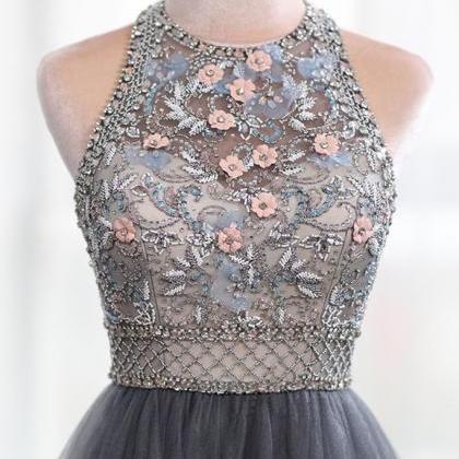 Grey Tulle 3d Flowers Backless Heavy Beading High..