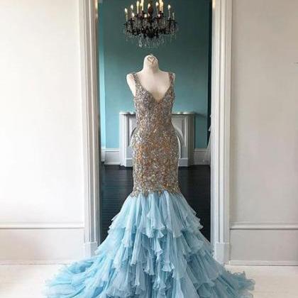Custom Made Blue Tulle Long Mermaid Beaded Prom..