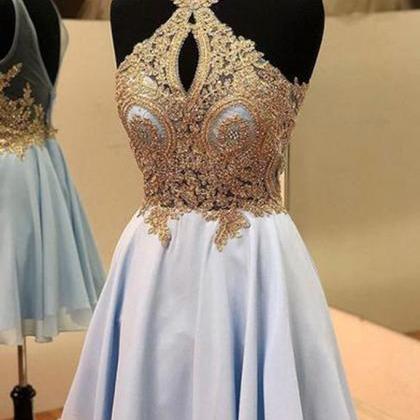 Light Blue Chiffon Lace Short Prom Dress, Open..