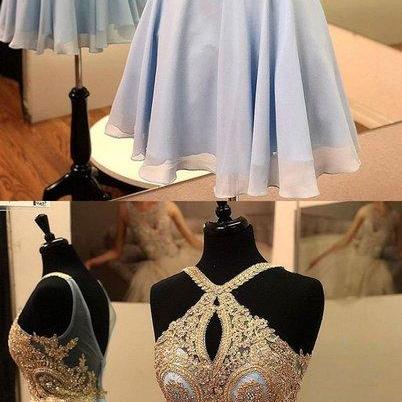 Light Blue Chiffon Lace Short Prom Dress, Open..