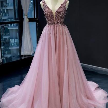 Pink Tulle Beaded Sequins Train V Neck Prom Dress,..