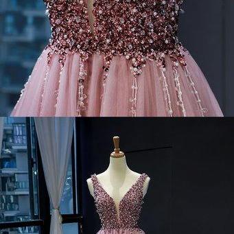 Pink Tulle Beaded Sequins Train V Neck Prom Dress,..