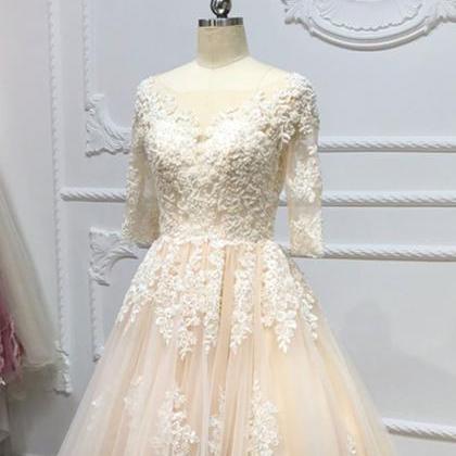 Champagne Tulle White Lace Applique Half Sleeve..