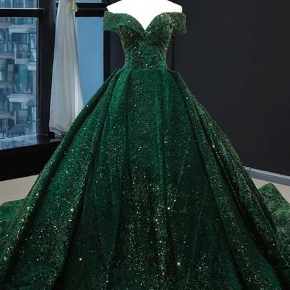 Real Picture Dark Green Sequins V Neck Sweep Train..