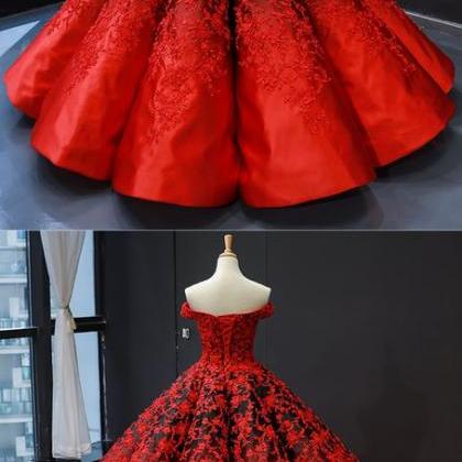 Regal Red Satin Ball Gown With Black Lace..