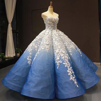 Real Picture Blue Round Neck Lace Up Ball Gown,..