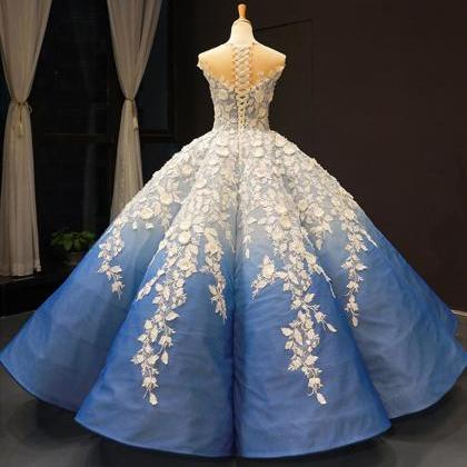 Real Picture Blue Round Neck Lace Up Ball Gown,..