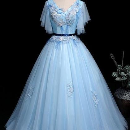 Blue Tulle V Neck Cap Sleeve Long Quinceanera Prom..