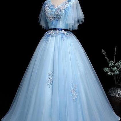 Blue Tulle V Neck Cap Sleeve Long Quinceanera Prom..