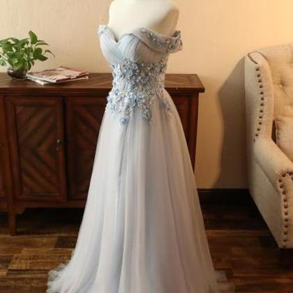 Gray Tulle Off Shoulder Sweetheart Neck Long Lace..