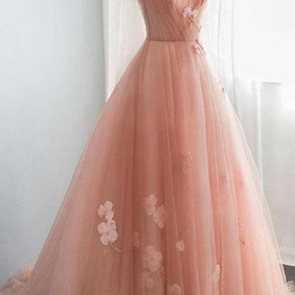 Pink Tulle 3d Lace Applique Long Prom Dress, Pink..