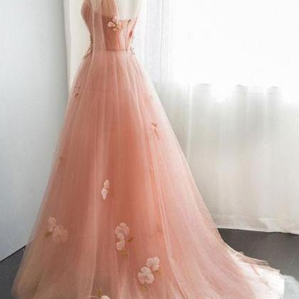 Pink Tulle 3d Lace Applique Long Prom Dress, Pink..