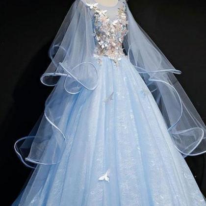 Blue Tulle A Line Custom Made Long Sweet 16 Prom..