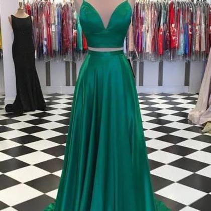 Emerald Green Satin Two Pieces Long Prom Dress,..