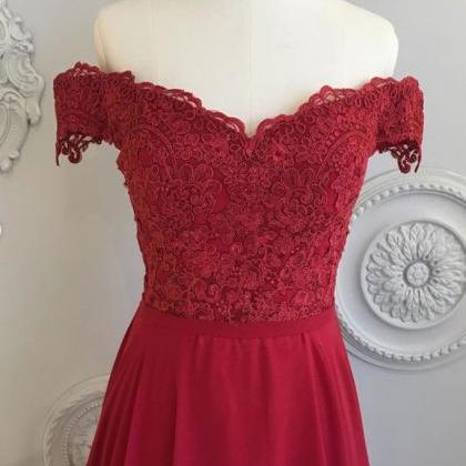 Burgundy Lace Off Shoulder Short Sleeve Long Prom..