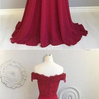 Burgundy Lace Off Shoulder Short Sleeve Long Prom..