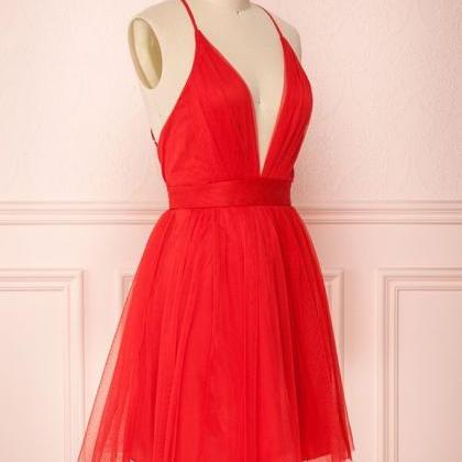 Simple Red V Neck Backless Tulle Homecoming..