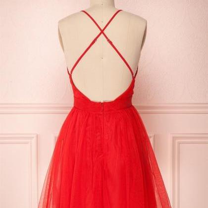 Simple Red V Neck Backless Tulle Homecoming..