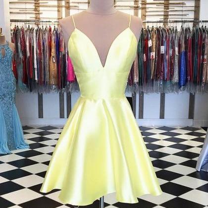 Simple A Line V Neck Yellow Homecoming Dresses..