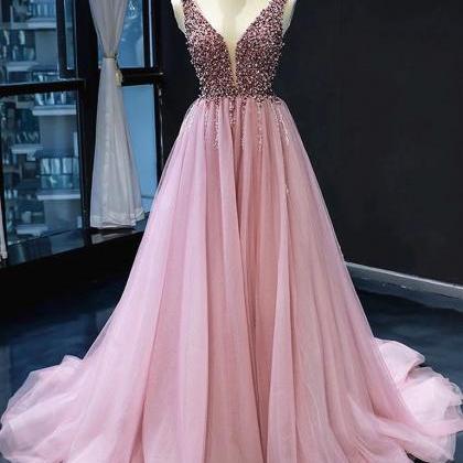 A Line V Neck Pink Prom Dresses With Corset..