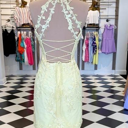 Short Backless Yellow Lace Prom Dresses,short..