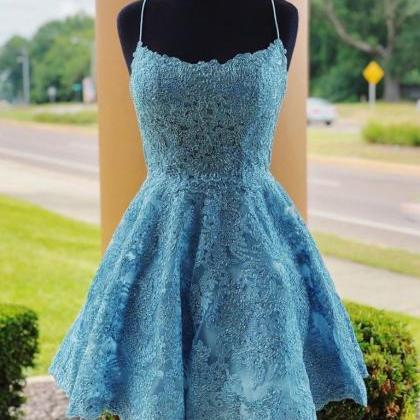 A Line Backless Lace Blue Short Prom Dresses..