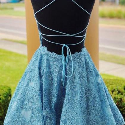 A Line Backless Lace Blue Short Prom Dresses..