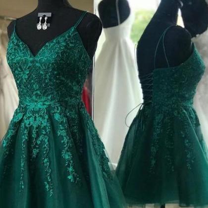 V Neck Emerald Green Lace Appliques Short Prom..