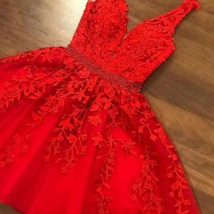 Cute V Neck Short Red Lace Prom Dresses With..