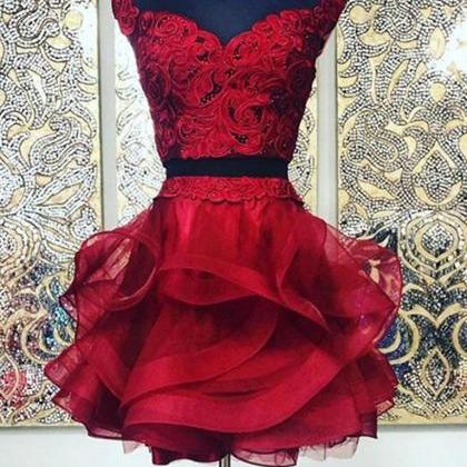 Two Pieces Short Burgundy Lace Prom..