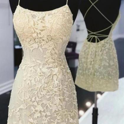 Backless Mermaid Short Yellow Lace Prom..