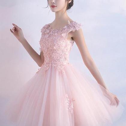 A Line Round Neck Short Pink Lace Prom..