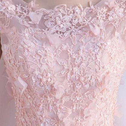 A Line Round Neck Short Pink Lace Prom..