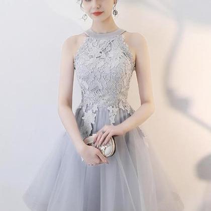 A Line Short Gray Lace Prom Dresses With..