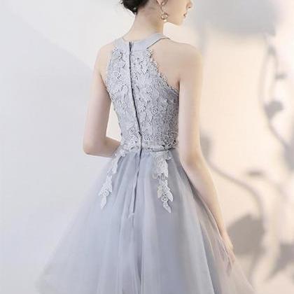 A Line Short Gray Lace Prom Dresses With..