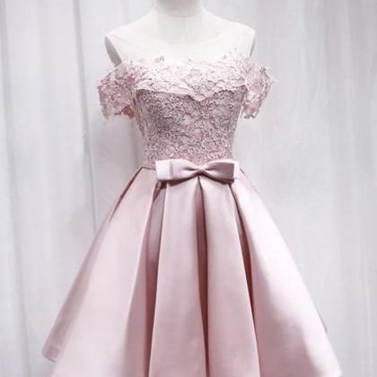 Cute Off Shoulder Pink Lace Short Prom..