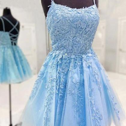 Backless Short Light Blue Lace Prom Dresses,light..