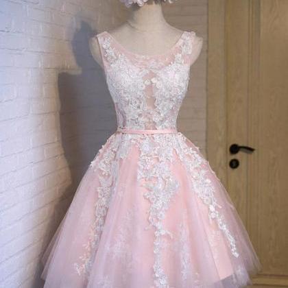 Round Neck Short Pink Lace Prom Dresses,pink Lace..